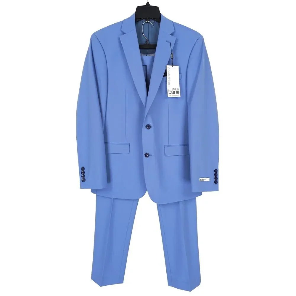Bar III Mens Slim Fit 2 Piece Suit 34S 29x30 Light Blue Solid Power Stretch Wool